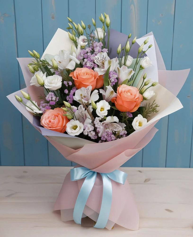 Букет цветов из: Лизиантусы, Розы, Альстромерии и Гипсофила в Побединском