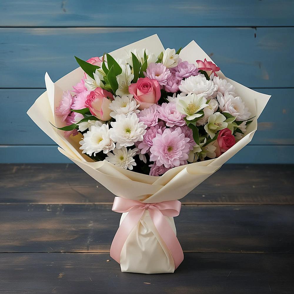 Букет цветов из: Хризантемы, Альстромерии и Розы в Побединском